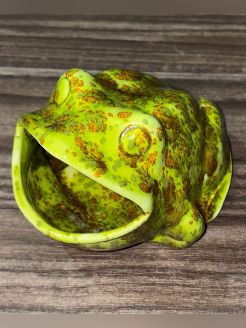 Vtg Wide Mouth Ceramic Frog Sponge Holder Green Speckled 70’s Kitchen Retro EUC